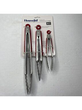 Houseful 3-Piece Stainless Steel Locking Tongs Set Red Various Sizes
